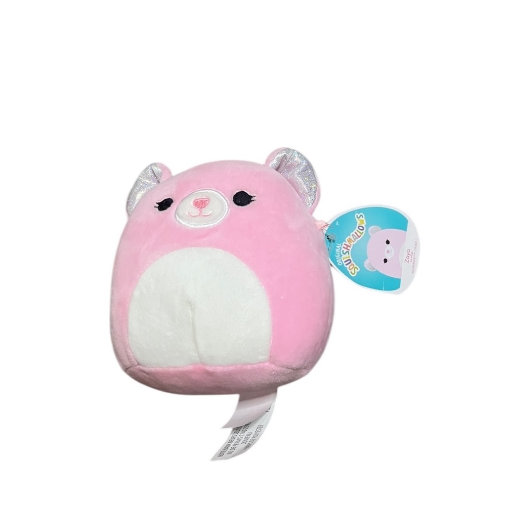 Squishmallow Zaya the Bear Pink White Plush Toy Silver Ear Bear 5”